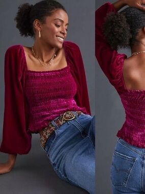 ANTHRO Pink Magenta Velvet Smocked Puff Sleeve Top Blouse Size XS Peasant